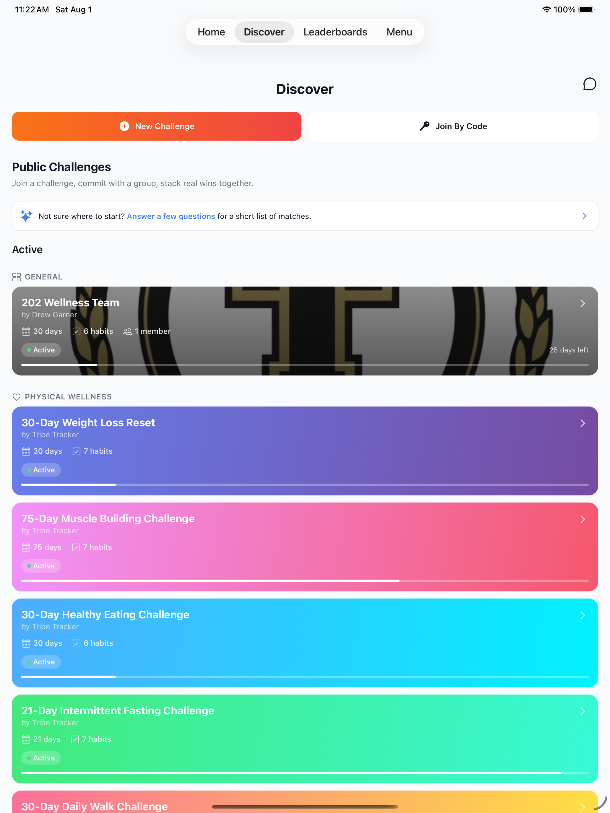 Tribe Tracker Discover screen showing public habit challenges on iPad