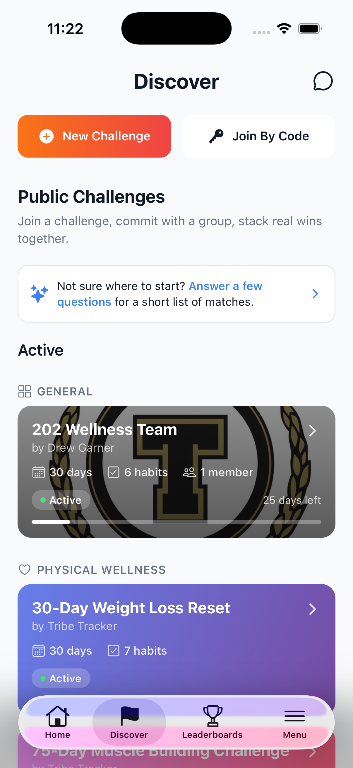 Tribe Tracker Discover screen showing public habit challenges on iPhone