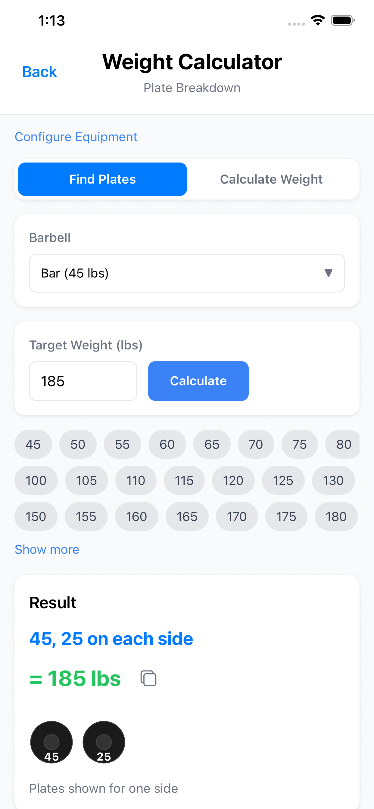 Rhythm Fit plate calculator showing a 185-pound barbell setup in light mode