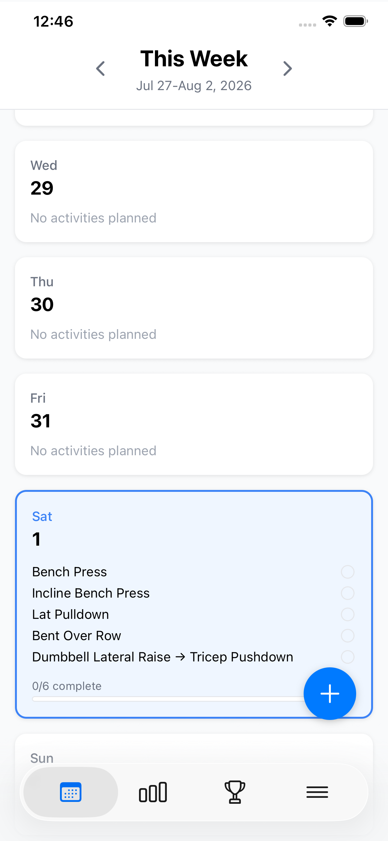 Rhythm Fit weekly calendar populated with an AI-generated workout in light mode