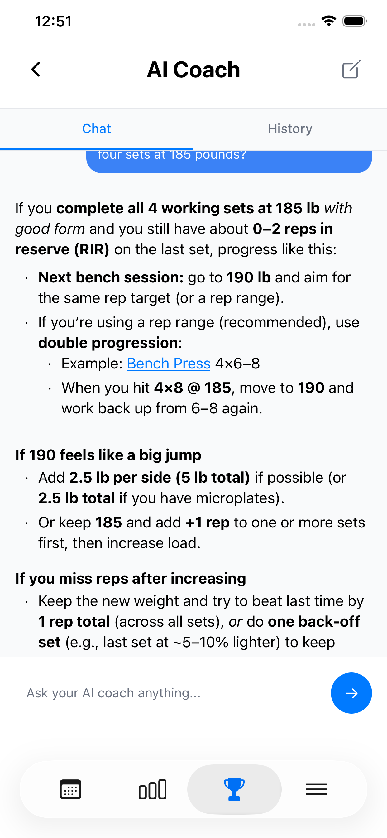 Rhythm Fit AI Coach explaining how to progress a bench press workout in light mode