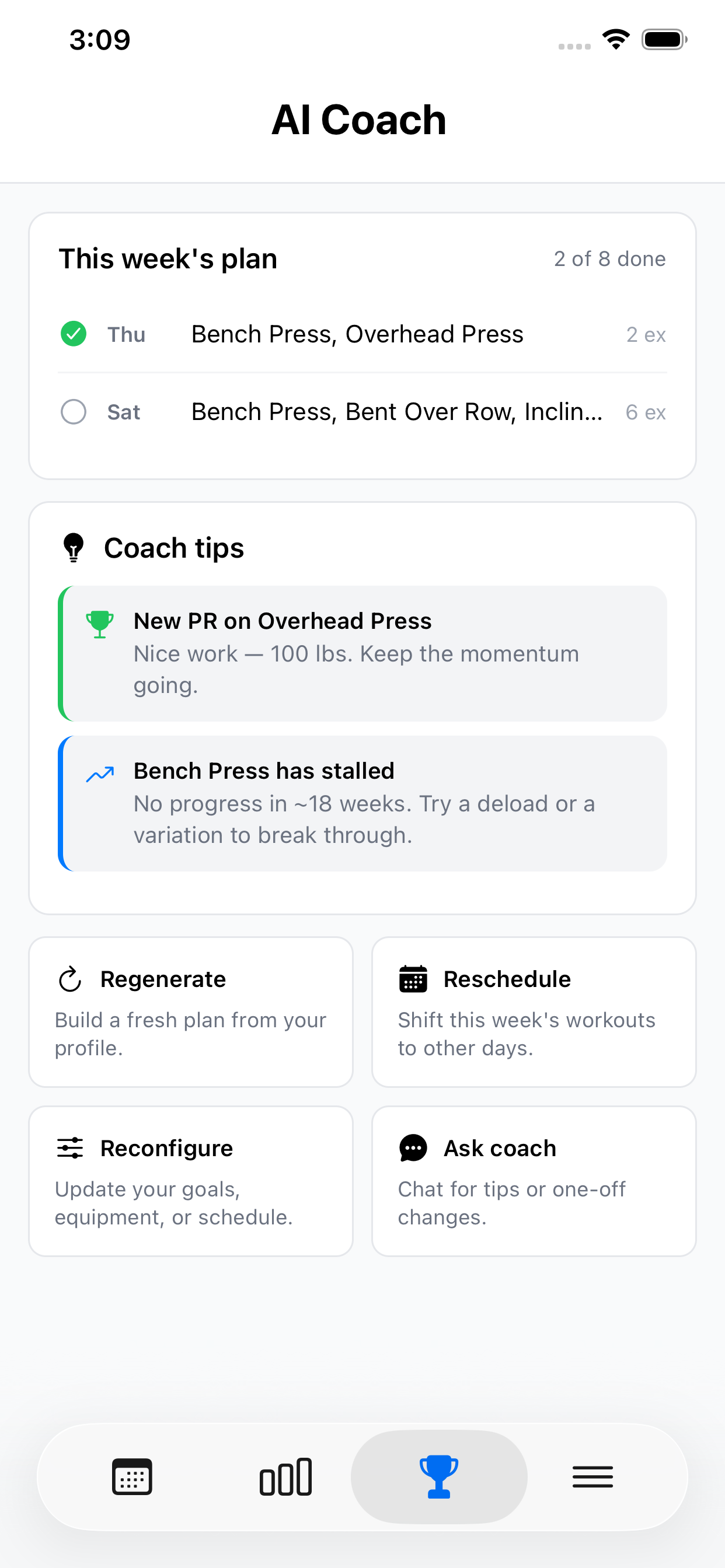 Rhythm Fit AI Coach dashboard showing this week's generated plan in light mode