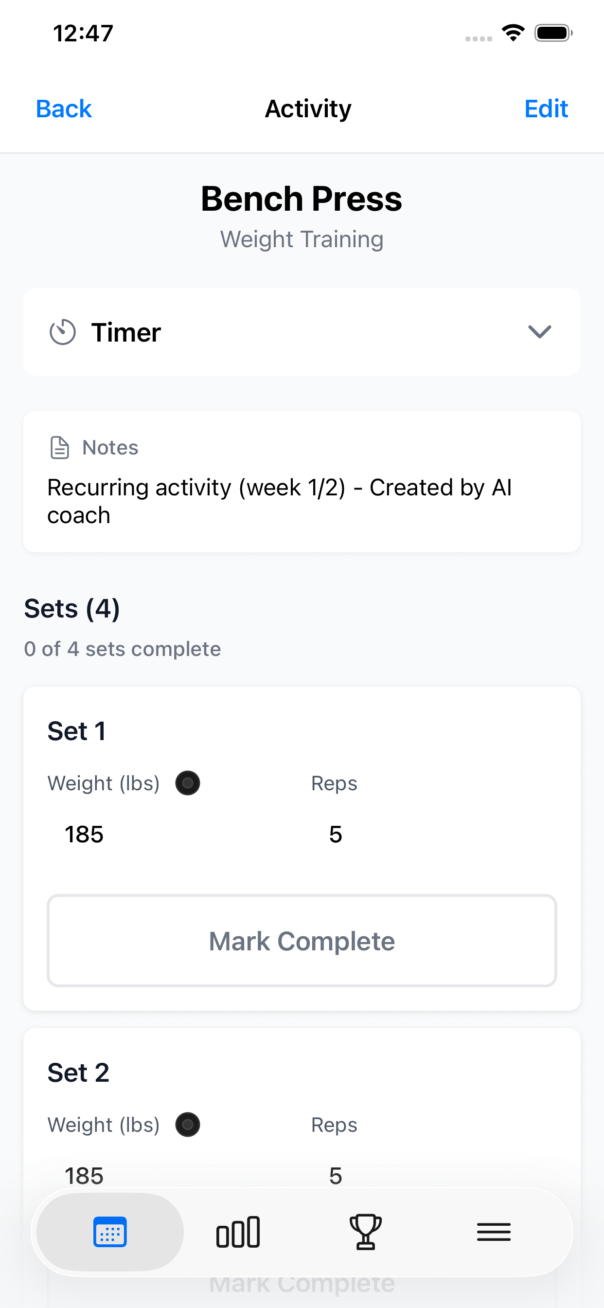 Rhythm Fit bench press execution screen with AI-programmed sets, reps, and weight in light mode