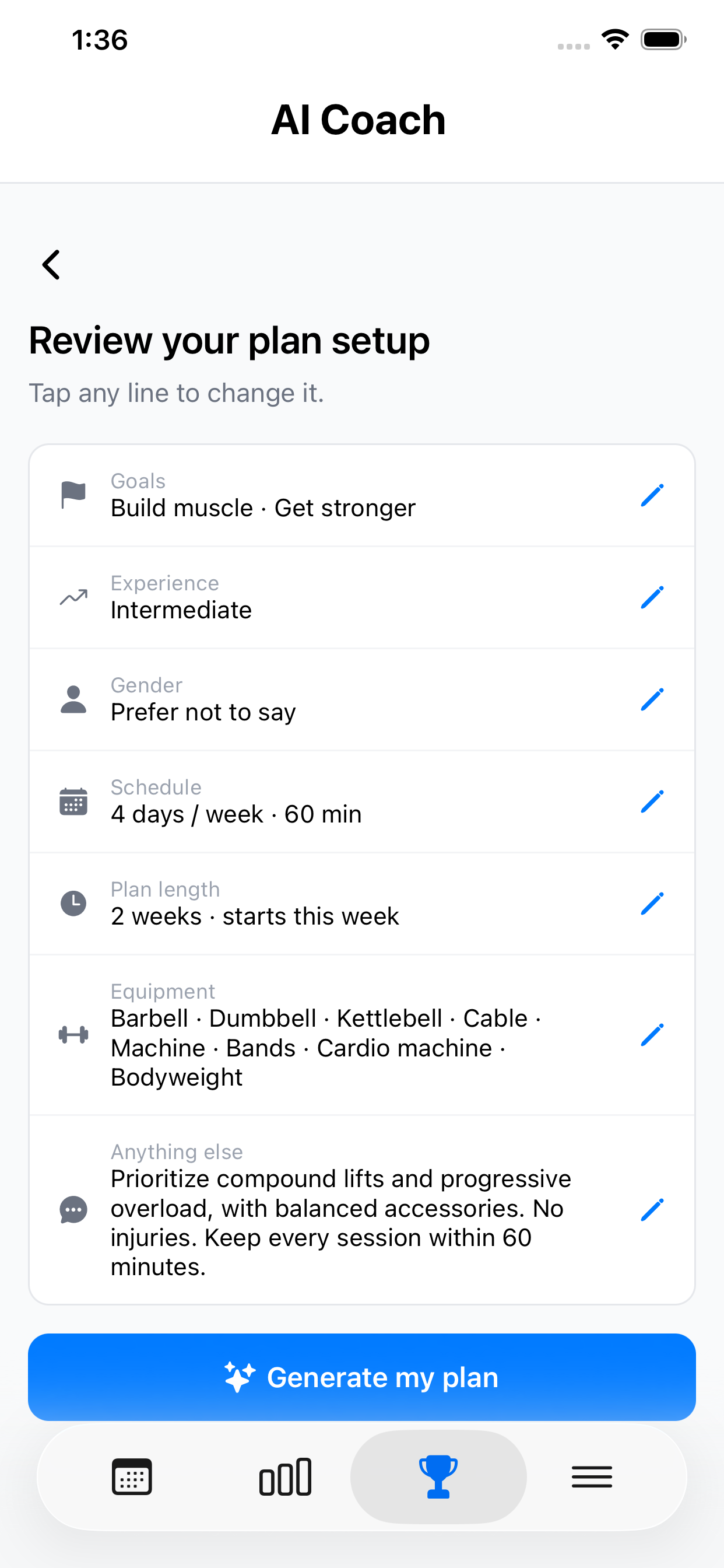 Rhythm Fit review screen for an AI-generated workout plan in light mode