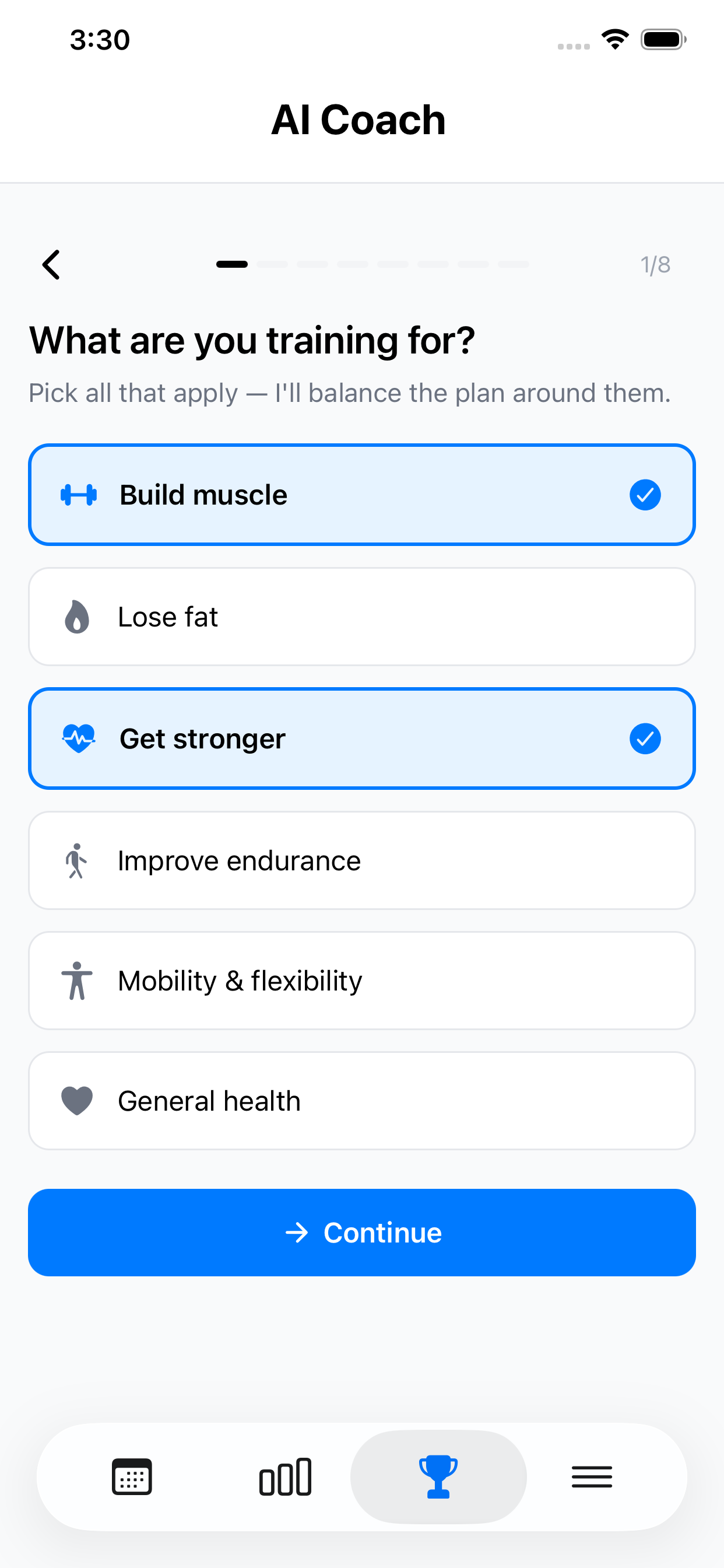 Rhythm Fit guided onboarding asking about training goals in light mode