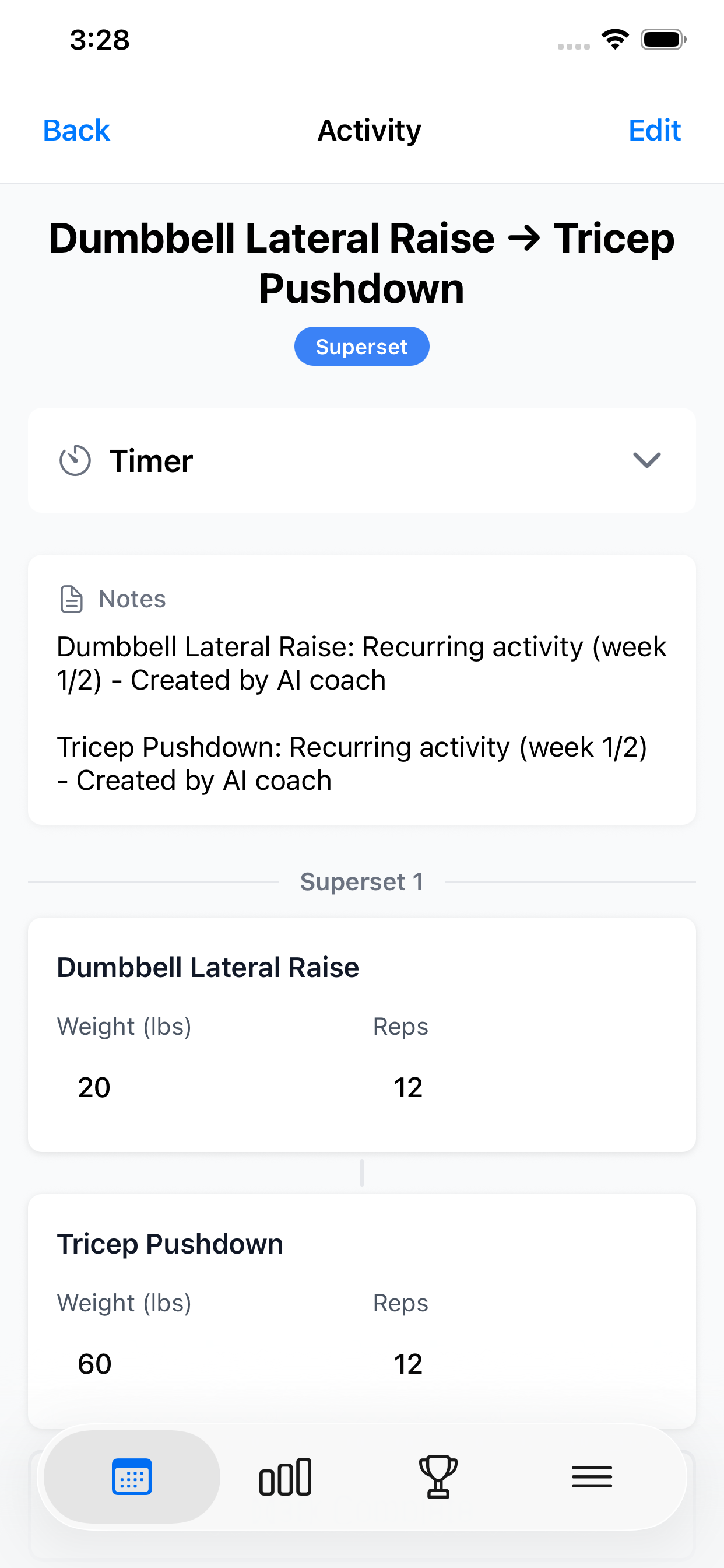 Rhythm Fit superset execution screen for lateral raises and tricep pushdowns in light mode