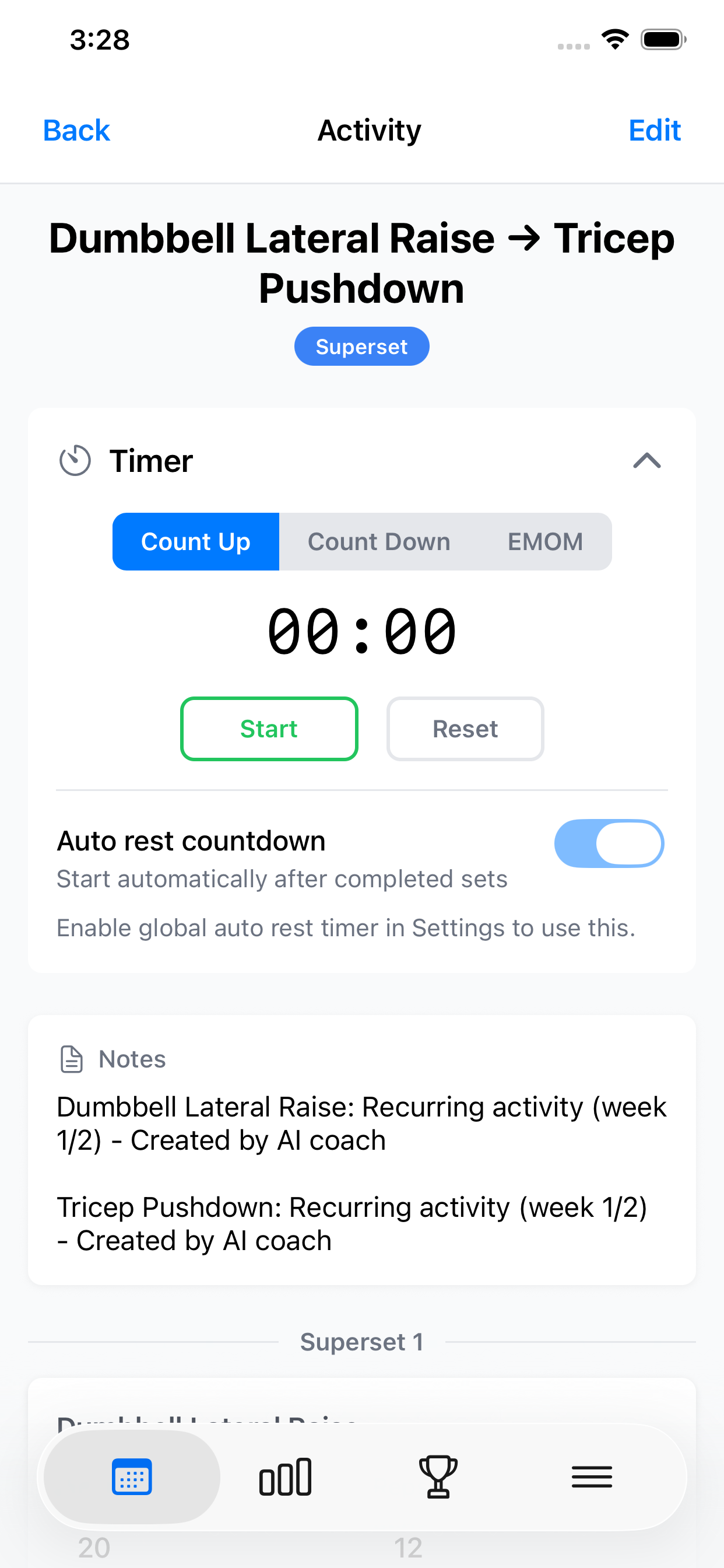 Rhythm Fit workout timer with count-up, countdown, and EMOM modes in light mode